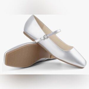Silver Ballet Mary Jane Flats Adjustable Strap Square Toe Comfortable